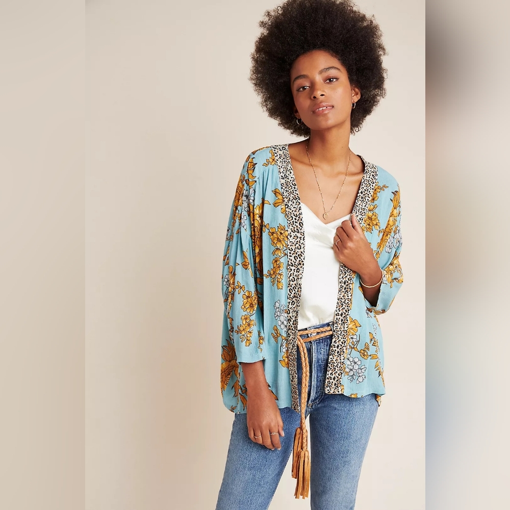 ANTHROPOLOGIE Andersen & Lauth Zoe Leopard-Trimmed Kimono One Size - Picture 3 of 9